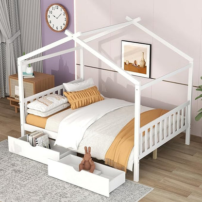 Full Size Bed Frame with Headboard and Footboard, Low House Bed/Full Bed Frame with Storage Drawer, Wood Bed Frame for Kids, Girls, Boys (White Drawer, Full) - LeafyLoom