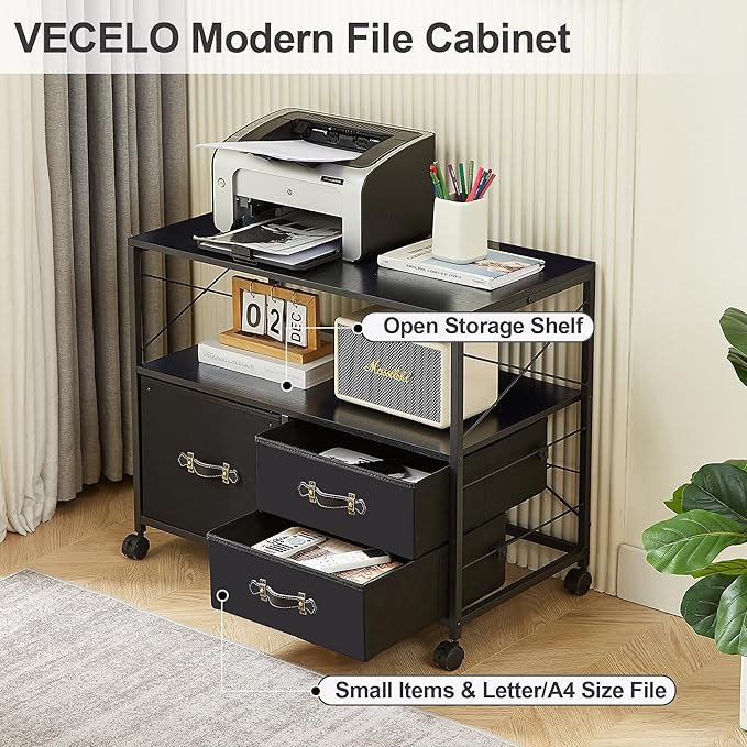 VECELO 3 Mobile File Cabinet Rolling Printer Stand with Open Shelf, Fabric Lateral Storage Station for Home Office,Drawer Adapts Letter Size Hanging Folders, Black - LeafyLoom