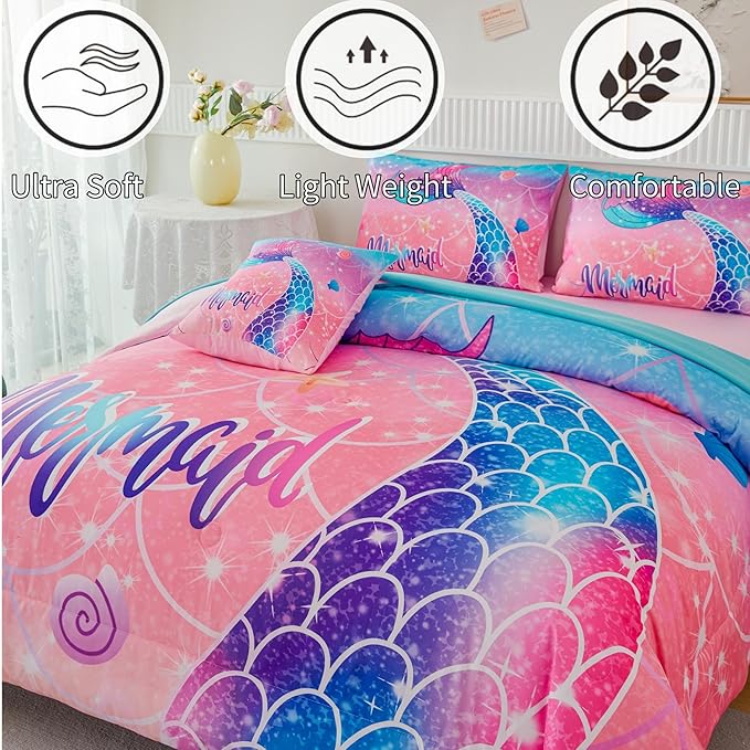 RYNGHIPY Mermaid Kids Girls Comforter Set Full Size Pink Blue Gradient Fish Tail Bed in a Bag - includes Comforter & Sheet Set for Teens Girls Super Soft Kids Bedding - LeafyLoom