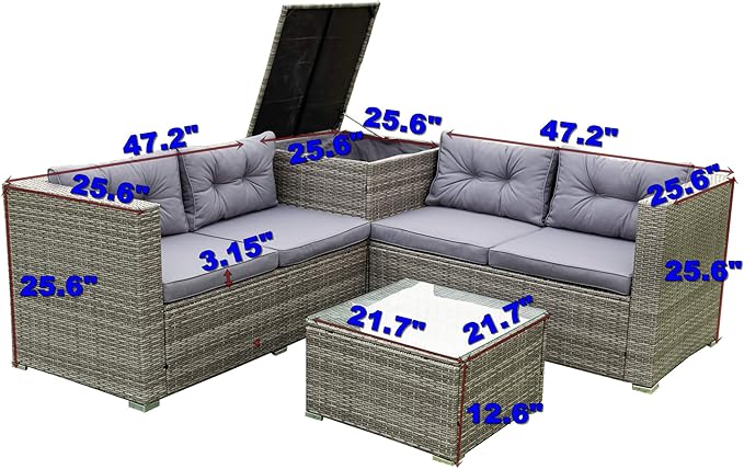 4-Piece Patio Furniture Outdoor Sofa Set, Wicker Sectional Loveseat Couch with Large Storage Box and Glass Table, for Garden Backyard Porch, 1, Gray - LeafyLoom