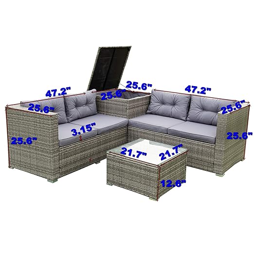 Patio Furniture Set, 4 Pieces PE Wicker Rattan Outdoor Conversation Sectional Sofa with Tempered Glass Table and Storage Box, for Backyard Lawn Garden Lown Porch, E-Grey - LeafyLoom