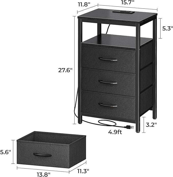 Nightstands Set of 2, 27.6 Inch End Tables with Charging Station, Side Tables with Fabric Drawers, Bedside Tables with USB Port and Outlet, Night Stands for Bedroom, Black - LeafyLoom