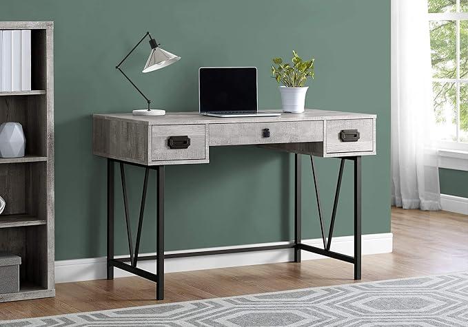 Monarch Specialties Laptop Table with Drawers-Industrial Style-Metal Legs Computer Desk Home & Office, 48" L, Grey Reclaimed Wood Look - LeafyLoom