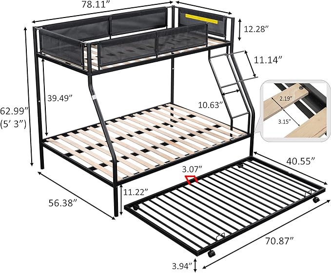 Twin over Full Metal Bunk Bed with Trundle,Sturdy-Metal Bed-Frame,Noise-Free Wood Slats,Comfortable Textilene Guardrail,Space-saving Trundle,Bunk-Bed for Three,No Box Spring Needed,Black - LeafyLoom