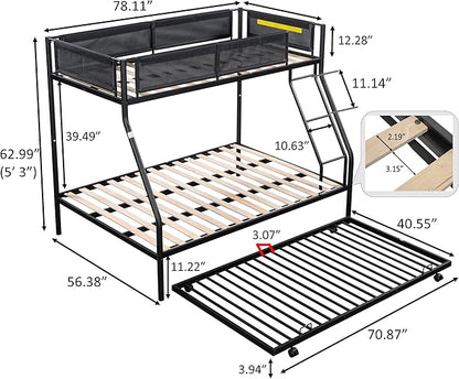 Twin over Full Metal Bunk Bed with Trundle,Sturdy-Metal Bed-Frame,Noise-Free Wood Slats,Comfortable Textilene Guardrail,Space-saving Trundle,Bunk-Bed for Three,No Box Spring Needed,Black - LeafyLoom