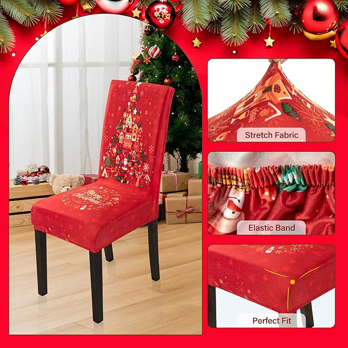 6PCS Christmas Dining Chair Covers, Stretch Removable Washable Dining Room Chair Protector Slipcovers, Xmas Tree Heart Kitchen Chair Cover, Slipcover Protector for Xmas Holiday Party Home Décor CZL