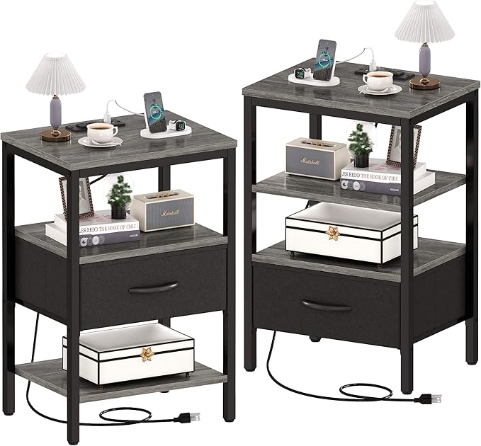 SUPERJARE Nightstand Set of 2, Bed Side Tables with Charging Station, Adjustable Fabric Drawer, Night Stand for Bedroom, 3-Tier Storage End Tables, for Living Room - Charcoal Gray - LeafyLoom