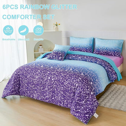 PERFEMET 6Pcs Full Size Comforter Sets for Girls Blue Purple Ombre Rainbow Kids Bedding Set Colorful Tie Dye Glitter Teen Girls Bedroom Decor Bed in A Bag - LeafyLoom