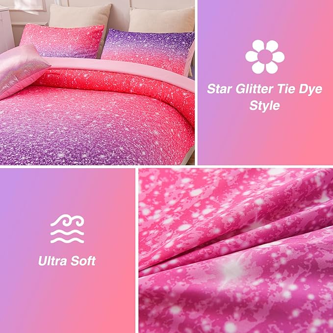 A Nice Night Girls Comforter Set Twin Size 6 Piece Bed in A Bag 3D Colorful Sparkle Galaxy Rainbow Bedding Comforter Sheet Sets for Kids,RedPurple - LeafyLoom