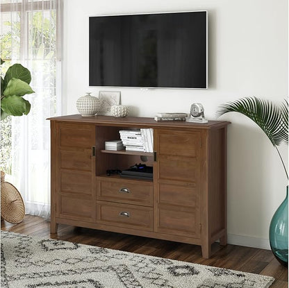 SIMPLIHOME Burlington SOLID WOOD Universal TV Media Stand, 54 inch Wide, Transitional, Living Room Entertainment Center, Storage Shelves and Cabinets, for TVs up to 60 inches in Medium Saddle Brown - LeafyLoom