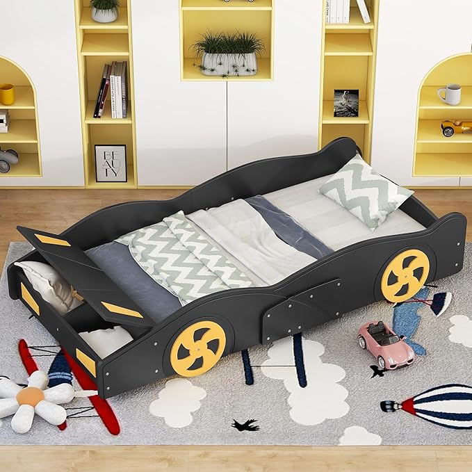 Twin Size Car Bed with Storage Space,Race Car-Shaped Platform Wooden Bedframe W/Wheels,No Box Spring Required,for Boys Toddlers Kids Child's Bedroom,Black+Yellow - LeafyLoom