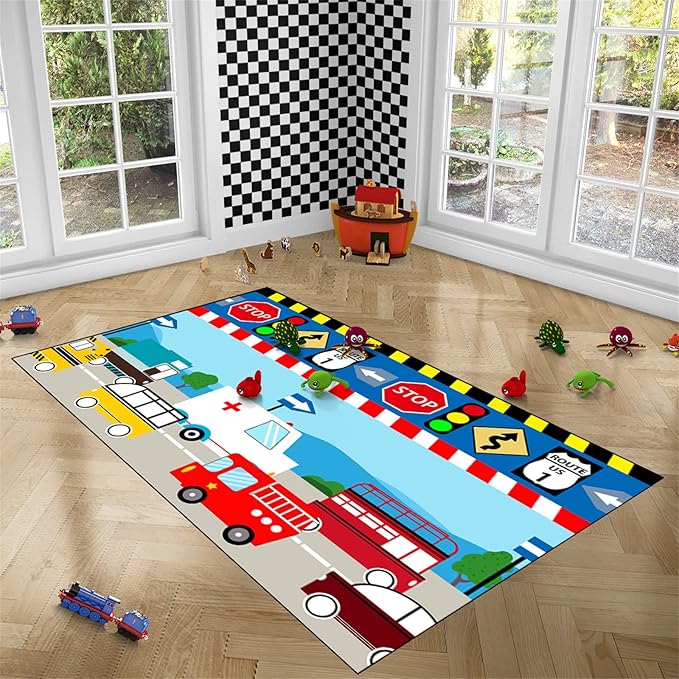 Cartoon Ambulance Car Area Rug Car Carpet for Kids Play Rug for Cars and Trucks Car Rug Play Mat Car Track Rug Truck Rugs for Boys Room Rugs for Boys Bedroom,Light Blue 3'×5' - LeafyLoom