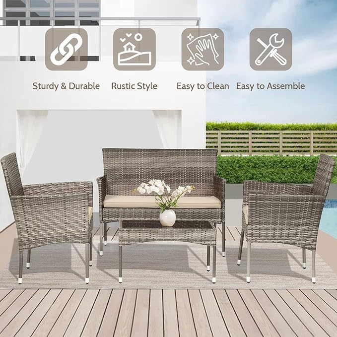 FDW Patio Conversation Set 4 Pieces Patio Furniture Set Wicker with Rattan Chair Loveseats Coffee Table for Outdoor Indoor Garden Backyard Porch Poolside Balcony,Gray Wicker/Khaki Cushions - LeafyLoom