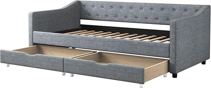 Twin Size Daybed with 2 Drawers, Upholstered Tufted Sofa Bed with Button on Back and Piping on Waved Shape Arms for Bedroom, Apartment, Living Room, Wooden Slats Support, Light Grey - LeafyLoom