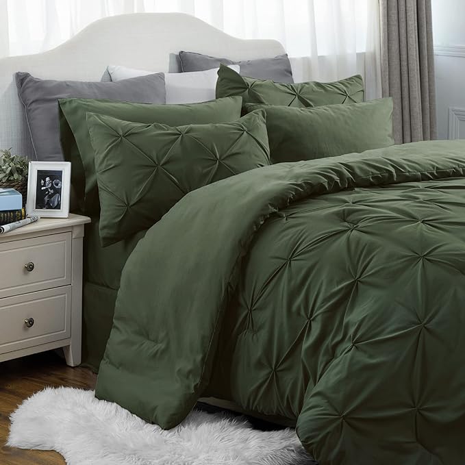 Bedsure California King Comforter Set - Cal King Bed Set 7 Pieces, Pinch Pleat Olive Green Cali King Bedding Set with Comforter, Sheets, Pillowcases & Shams - LeafyLoom