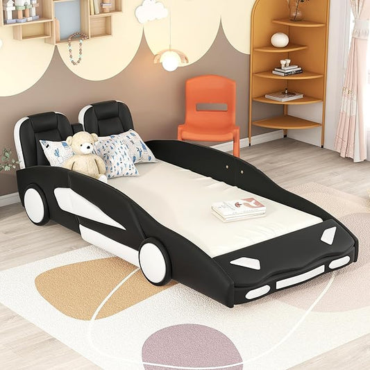 Twin Size Race Car-Shaped Bed Frame for Kids, Wooden Platform Bed with Guardrail and Upholstered Headboard, Wheels and Support Slats, for Boys Girls Child's Bedroom, No Spring Need (Black) - LeafyLoom