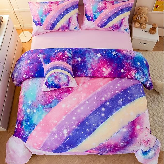 6Pcs Teen Pink Bedding Set Full for Girls, 3D Tie Dye Comforter Pink Colorful Rainbow Kids Comforter Set, Ultra Soft Pastle Nebula Printed Bed in A Bag with Sheets - LeafyLoom