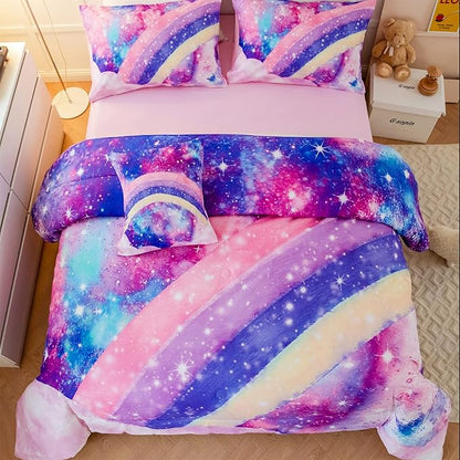 6Pcs Queen Size Comforter Set for Girls Teens, 3D Pastle Rainbow Nebula Comforter Bedding Set, Tie Dye Pink Comforter Soft Lightweight Bed in A Bag with Sheets Comforter and Pillowcases - LeafyLoom