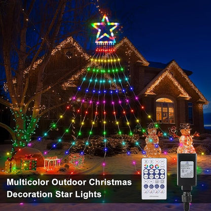 PUHONG Christmas Decoration Star Flowing Multicolor Color Changing Lights Outdoor, 320 LED 16.4Ft Star Waterfall Tree Lights with 8 Lighting Modes Remote Timer, for Xmas New Year Holiday Birthday PUHONG