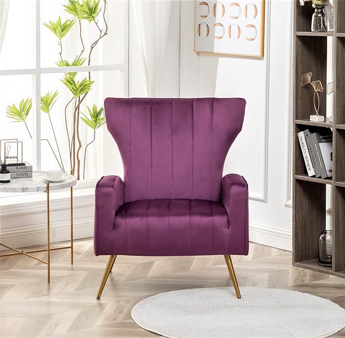 Armchair Modern Velvet Accent Chair, Channel Tufted Bedroom, Office or Living Room Furniture with Elegant Metal Legs, Purple - LeafyLoom