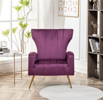 Armchair Modern Velvet Accent Chair, Channel Tufted Bedroom, Office or Living Room Furniture with Elegant Metal Legs, Purple - LeafyLoom