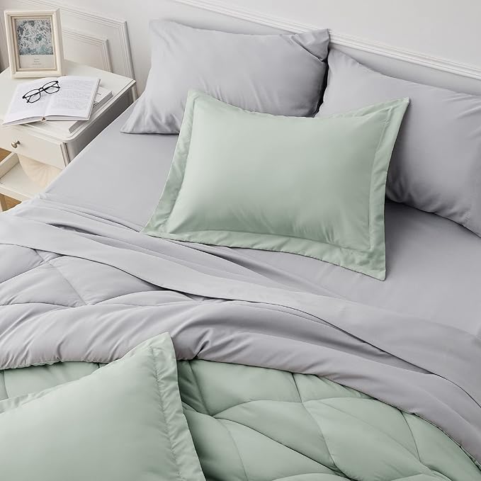 Bedsure Sage Green California King Comforter Set - 7 Pieces Reversible Bed Set Bed in a Bag California King with Comforters, Sheets, Pillowcases & Shams, California King Bedding Sets - LeafyLoom