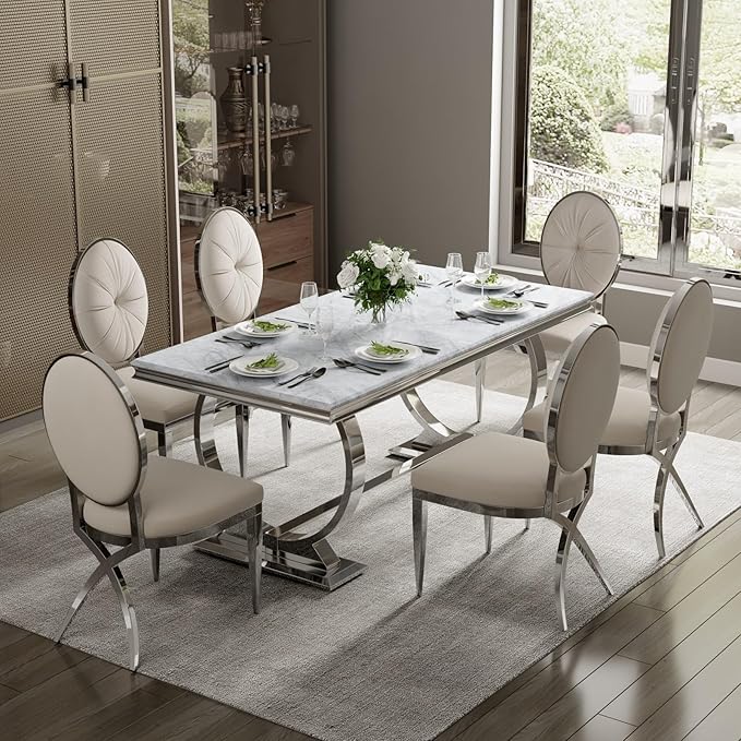 ACEDÉCOR Dining Chairs, White Velvet Dining Room Chairs with Silver Mirrored Legs, Glam White Kitchen Chairs for Dining Room, Kitchen, Living Room (Set of 8) - LeafyLoom