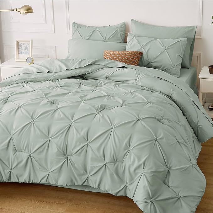 Bedsure King Size Comforter Set - Bedding Set King 7 Pieces, Pintuck Bed in a Bag Green Bed Set with Comforter, Sheets, Pillowcases & Shams - LeafyLoom