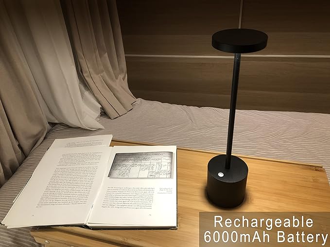 Cordless Table Lamp, Rechargeable LED Battery 6000mAh Metal USB Portable Powered Desk Lamp, 3 Levels Brightness Light for Restaurants Outdoor (13.25in Black) - LeafyLoom