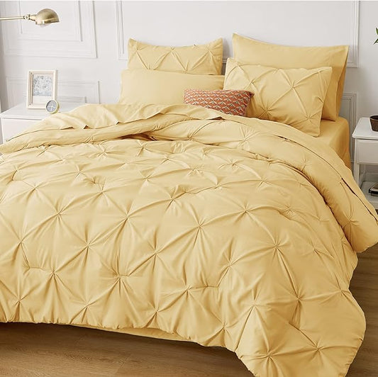 Bedsure California King Comforter Set - Cal King Bed Set 7 Pieces, Pinch Pleat Yellow Cali King Bedding Set with Comforter, Sheets - LeafyLoom