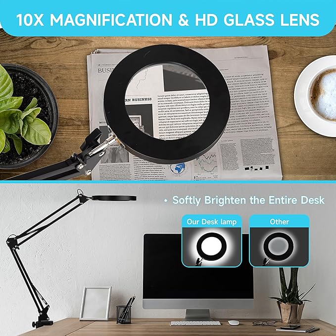 LED Magnifier Desk Lamp with Stand, 3 Color Modes & Stepless Dimming 5-Diopter Glass Lens, Adjustable Swivel Arm - Magnifying lamp for Close Work, Repair, Crafts, Reading - Long - LeafyLoom