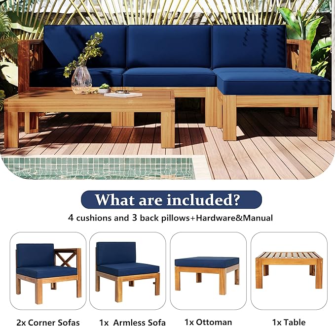 5-Piece Outdoor Patio Furniture Sectional Sets, Wooden L-shaped Corner Sofa Seating with Tea Table and Removable, Backyard Gardern Deck, Natural Finish+ Blue Cushions - LeafyLoom