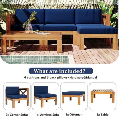 Merax 5 Pieces, Patio Furniture Sets, Solid Wood Sectional Sofa Seating Group with Soft Cushions, for Backyard and Garden, Blue - LeafyLoom