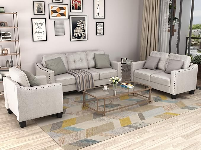 3 Piece Sofa Set Tufted Including 3-Seater Couch and Loveseat and Single Chair Linen Fabric Comfy Cushion Armchair, Furniture for Living, Apartment, Guest Room, 77.2inch, Beige-8 - LeafyLoom