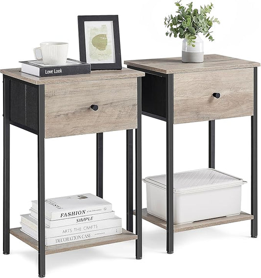 VASAGLE Nightstands, Set of 2, Side Table with Fabric Drawer, 24-Inch Tall End Table with Storage Shelf, Bedroom, Greige and Black ULGS221B02 - LeafyLoom