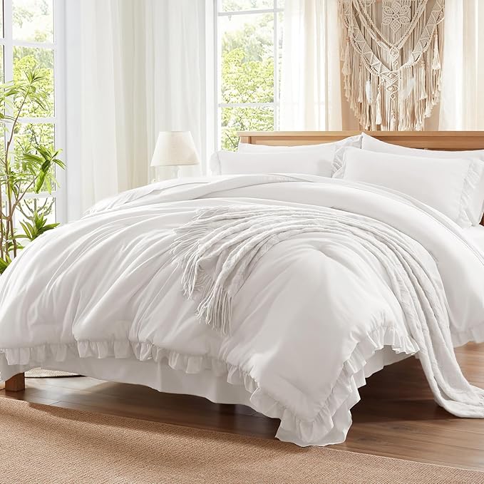 Anluoer King Comforter Set 7 Piece, White Bed in a Bag with Sheets, All Season Ruffle Shabby Chic Bedding Sets with 1 Comforter, 2 Pillow Shams, 2 Pillowcases, 1 Flat Sheet, 1 Fitted Sheet - LeafyLoom