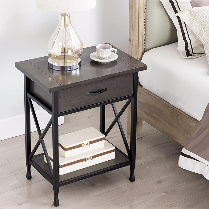 Leick Home 23022 Chisel & Forge One Drawer Nightstand with Shelf, Gray/Matte Black - LeafyLoom