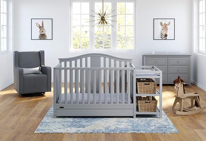 Graco Solano 4-in-1 Convertible Crib and Changer with Drawer (Pebble Gray) – Crib and Changing Table Combo with Drawer, Includes Changing Pad, Converts to Toddler Bed, Daybed and Full-Size Bed - LeafyLoom