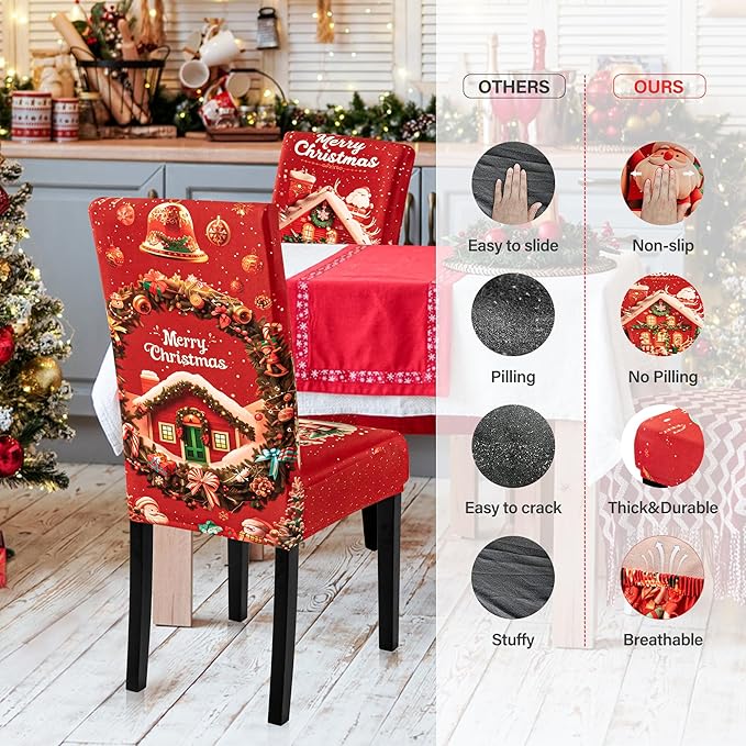 4PCS Christmas Dining Chair Covers Stretch Removable Washable Dining Room Chair Protector Slipcovers Santa Claus House Wreaths Kitchen Chair Cover Slipcover Protector for Xmas Holiday Party Home Décor CZL