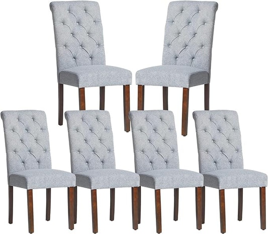 COLAMY Button Tufted Dining Chairs Set of 6, Parsons Upholstered Fabric Dining Room Chairs Kitchen Chairs with Wood Legs and Padded Seat, Blue Fishbone - LeafyLoom