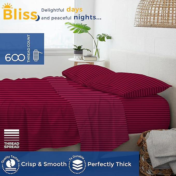 THREAD SPREAD Striped Egyptian Cotton Sheets Twin XL Size - 600 Thread Count 3 PC Damask Twin XL Sheets Deep Pocket, Sateen Weave College Dorm Bedding Twin XL, Fits Mattress upto 18" - Burgundy Stripe - LeafyLoom