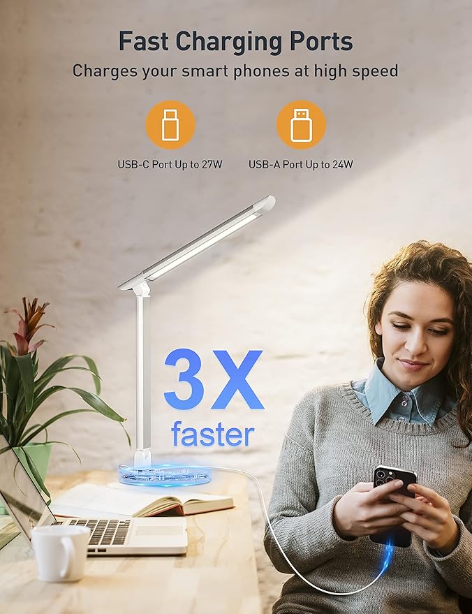 Desk Lamp, Dimmable Desk Light with USB Charging Port, Led Desk Lamp with 10 Brightness Levels & 5 Color Temperature, Touch Control, Adjustable Arm, Eye-Caring for Home Office Bedroom Reading - LeafyLoom