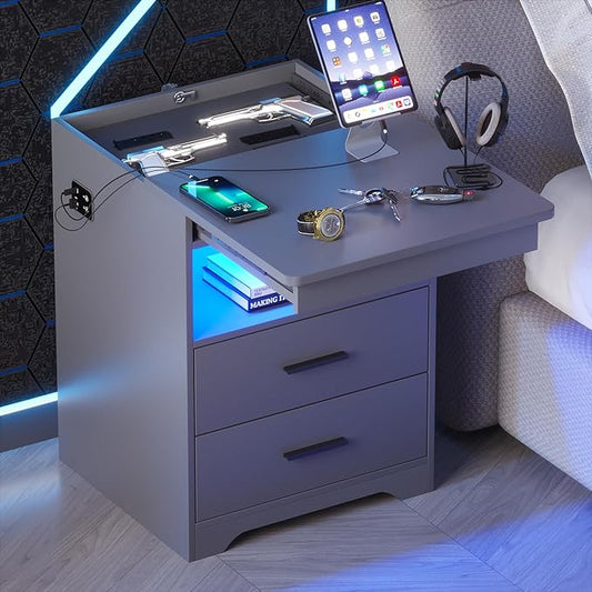 LED Nightstand with Gun Drawer, Modern Beside Table with Charging Station, Auto Sensor 3 Color Dimmable Night Stand with Open Compartment for Bedroom (Grey) - LeafyLoom