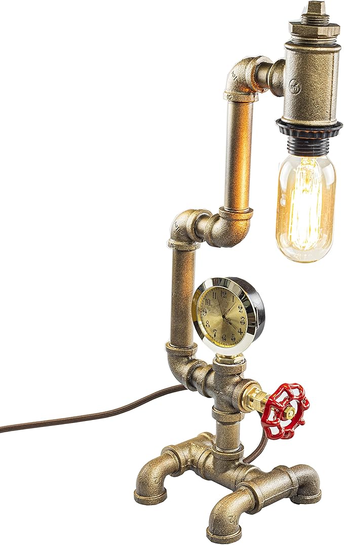 Steampunk Lamp with Dimmer, Dimmable Loft Style Industrial Vintage Antique Style Light with Bulb, Clock with Iron Piping Desk Lamp, Retro Desk Lamp LL-029 - LeafyLoom