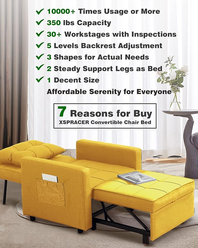 XSPRACER [UPDATED] Convertible Chair Bed, Sleeper Chair Bed 3 in 1, Stepless Adjustable Backrest,Armchair, Sofa, Bed, Linen, Yellow, Single One - LeafyLoom