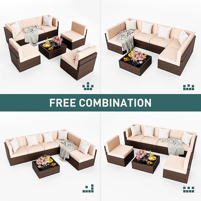 Pamapic Patio Furniture Set, 7 Pieces Modular Outdoor Sectional, Patio Sectional Sofa Conversation Set, Rattan Sofa with Coffee Table and Washable Cushions Covers, Brown Rattan and Beige Cushions - LeafyLoom