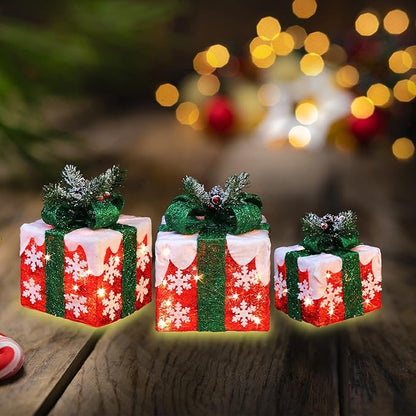 [Large 10"x8.5"x6.5" Christmas Set of 3 Lighted Gift Boxes Decorations Pre-lit 70 Super-Bright LED with Flashers,for Indoor Outdoor Christmas Tree Skirt Ornament Pathway Holiday Party Home GLOWNOVA