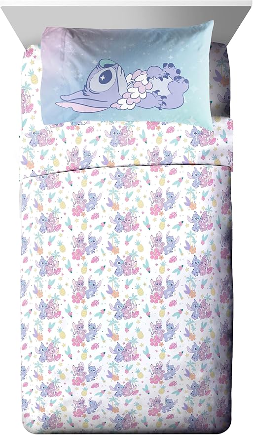 Disney Lilo and Stitch Twin Size Comforter Set - 5 Piece Floral Bedding includes Sheet Set & Pillow Covers Features Angel - Super Soft Purple & Teal Stars Kids Bedding - LeafyLoom