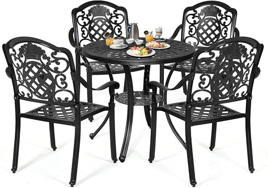 DWVO 5 Piece Outdoor Furniture Cast Aluminum Patio Dining Sets, All-Weather Patio Bistro Sets with 4 Chairs, 30 Inches Round Table with Umbrella Hole, Adjustable Feet for Balcony Backyard Deck Garden - LeafyLoom