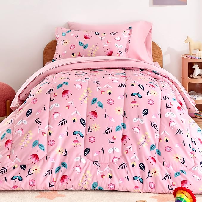 SLEEP ZONE Kids Bedding Comforter Set Full/Queen Size - Super Cute & Soft Kids Bedding 7 Pieces Set with Comforter, Sheet, Pillowcase & Sham (Pink Flower) - LeafyLoom